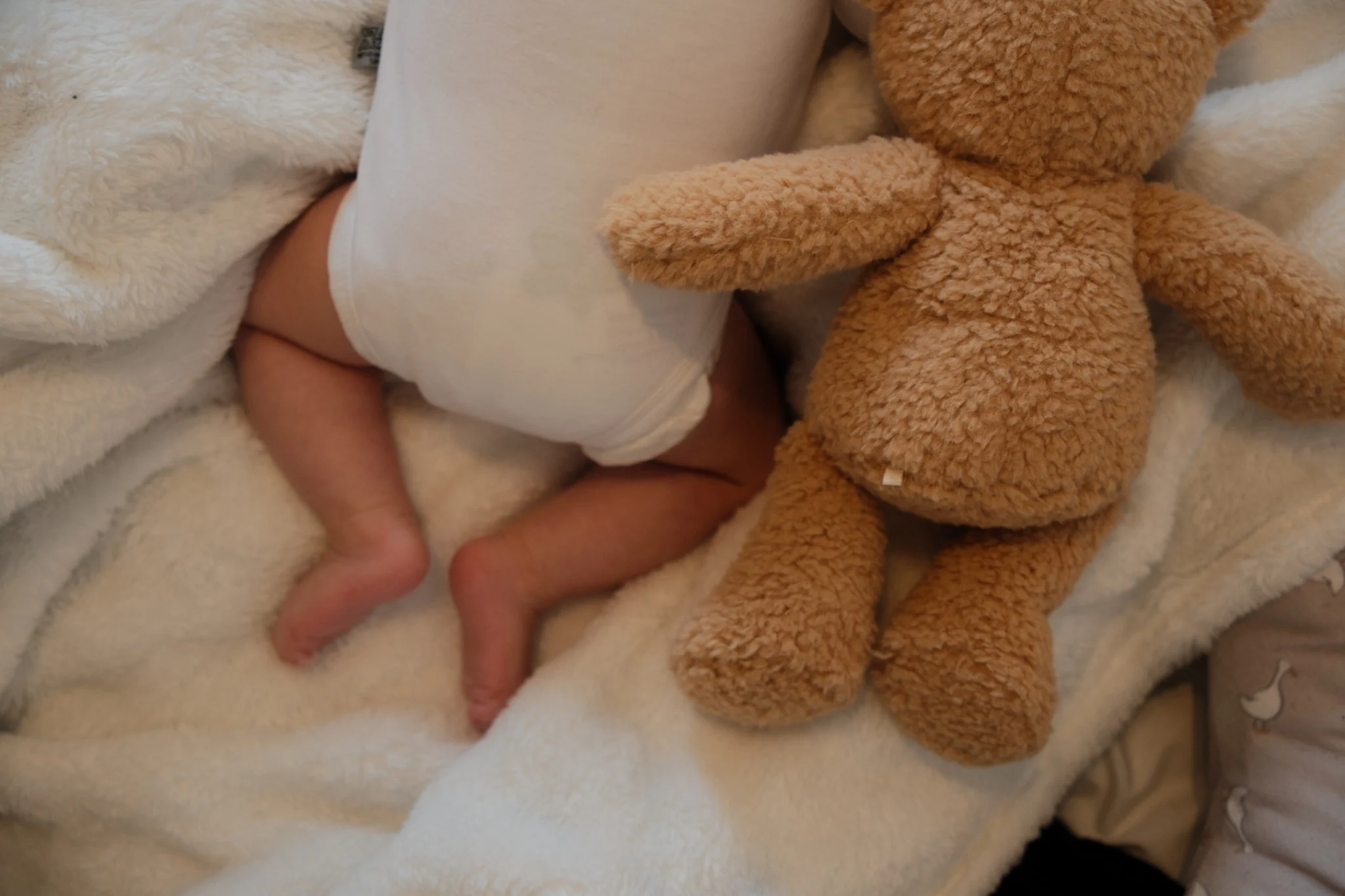 Babyfüße neben einem Kuscheltier